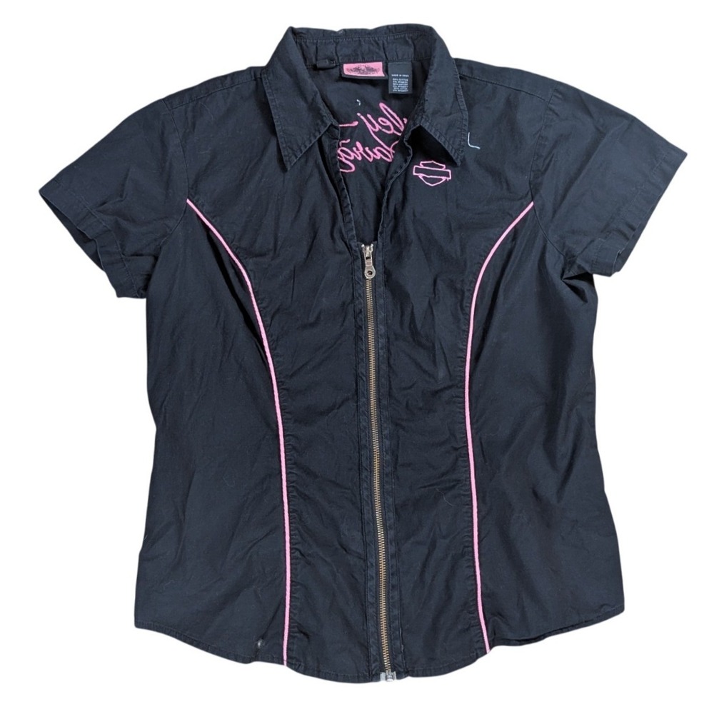 Harley-Davidson Womens Black Pink Zip Up Short Sleeve Embroidered Biker Shirt M